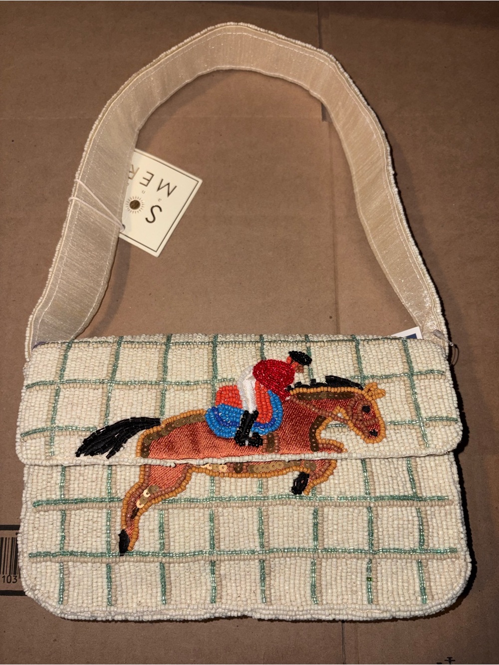 Sol & Mer Cream Beaded Equestrian Shoulder Bag with Multicolor Motif